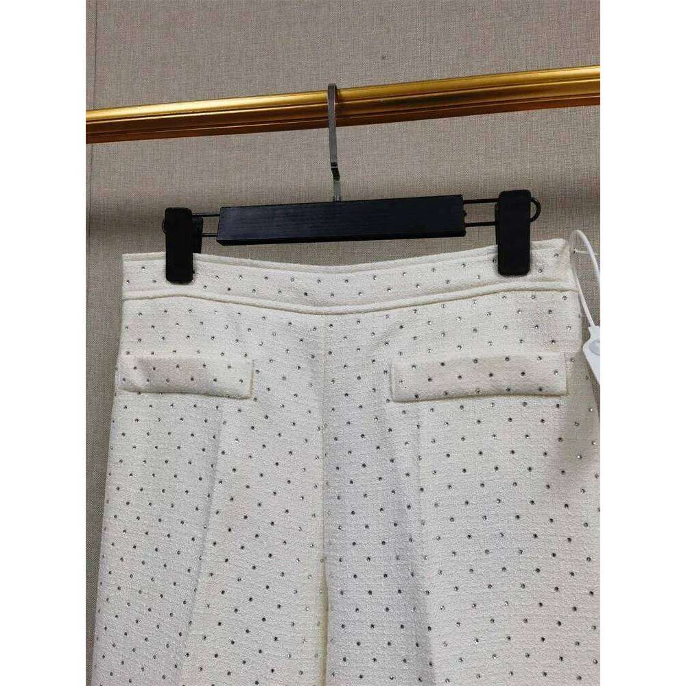 Women's Tweed 3-Piece Set With Pearl Details: Short Sleeve Shirt, V-Neck Vest & Loose Pants Mdng260330