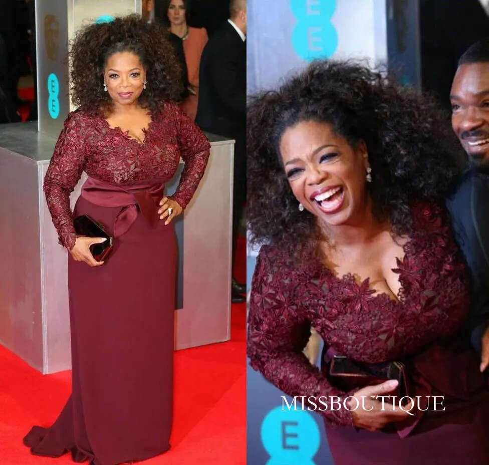 Red Carpet Plus Size Burgundy Oprah Winfrey Sheath V-Neck Long Sleeve Lace Top Sweep Train Evening Dress For Fat Women Party Gowns D0330