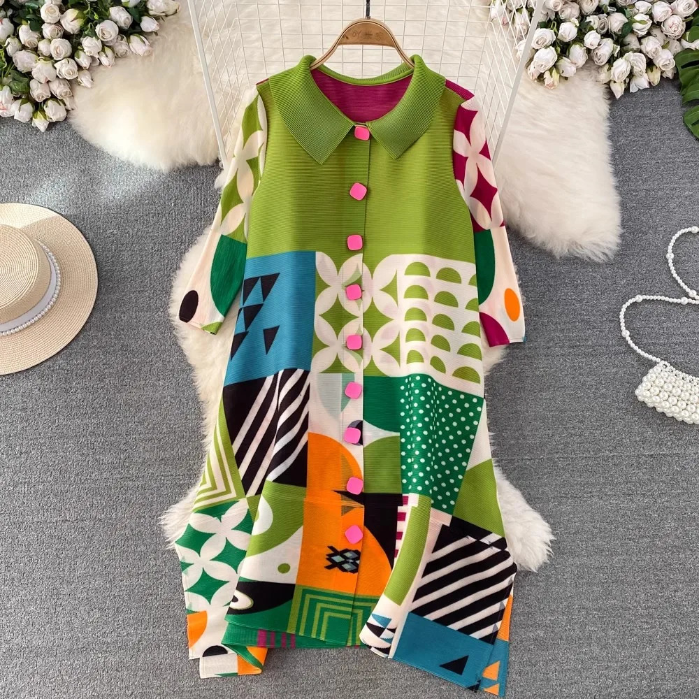Miyake Pleated Drape Dress Women Spring Summer Colorblock Printing Lapel 34 Sleeve Single-breasted Fashion Shirt Dresses 260324