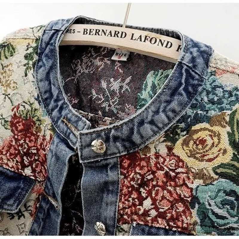 Chinese retro jacquard long-sleeved round neck denim jacket womens spring new fashion temperament short Joker little jacketT260328