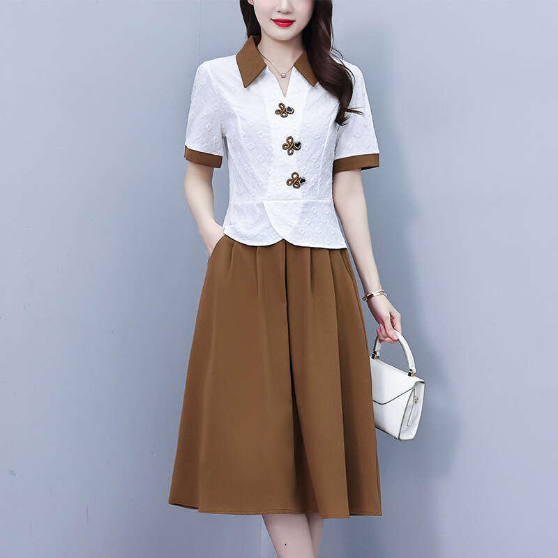 Plus-Size Women's Clothing : Stylish Button-Down Short-Sleeve Top Fashionable Age-Reducing Skirt Set For Middle-Aged Mothers Qipao Hanfu Silk