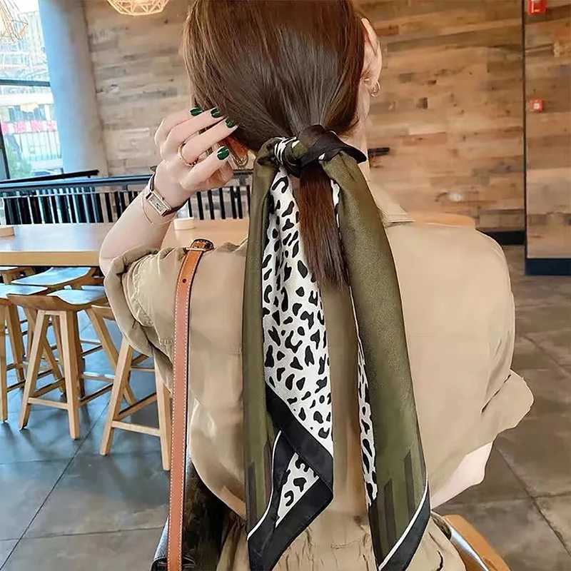 7070cm Leopard Green Brown Silk Scarf Women Simulated Silk Fresh and Elegant Versatile Headwear Clothing Bags and Square Scarf Z260330