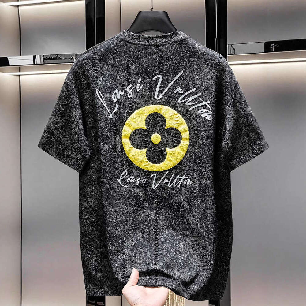 European fashion design distressed printed short-sleeve T-shirt luxury summer round neck loose trendy versatile half-sleeve shirt
