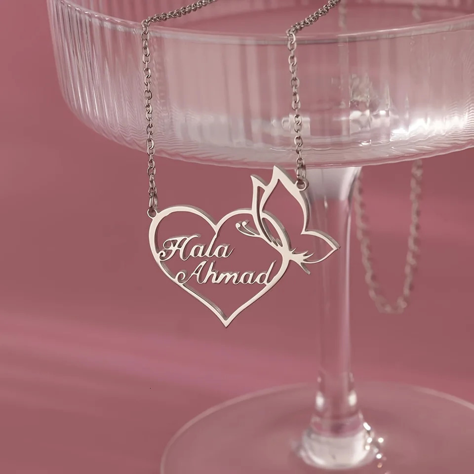Custom Double Name Necklace For Women Stainless Steel Heart Butterfly Personalized Nameplate Necklaces Romantic Couple Jewelry 260327