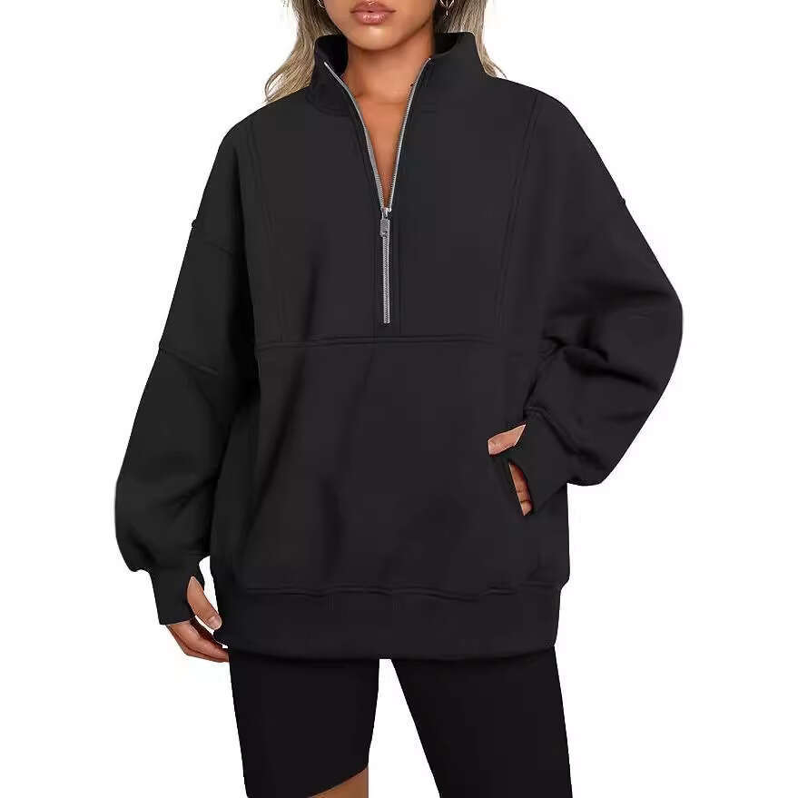 2026 European and American women's clothing, pocket half-zip loose casual patchwork stand-up collar fleece-lined sweatshirt