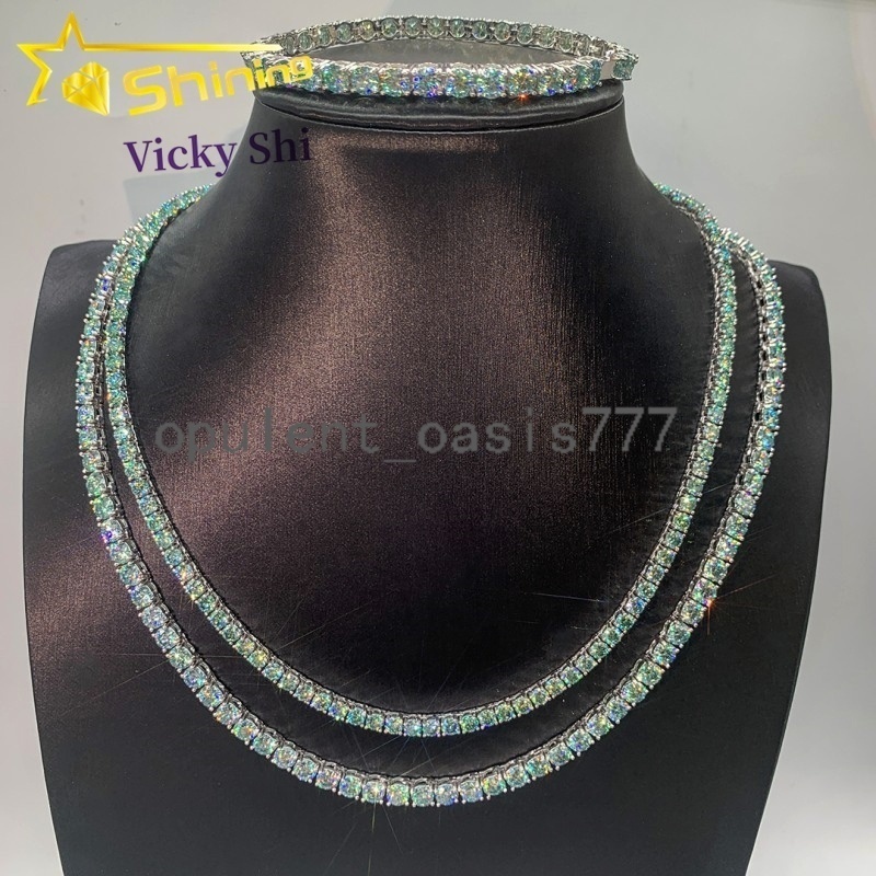 Hot Sell 925 Silver Hip Hop Jewelry Pass Diamond Tester Blue Green 3mm Moissanite Tennis Chain Bracelet Necklace