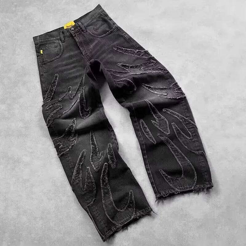 Gothic Retro High Waisted Wide Leg Trousers Y2k Hip Hop Baggy Men's Street Fashion Raw Edge Embroidered Jeans 26Y0330