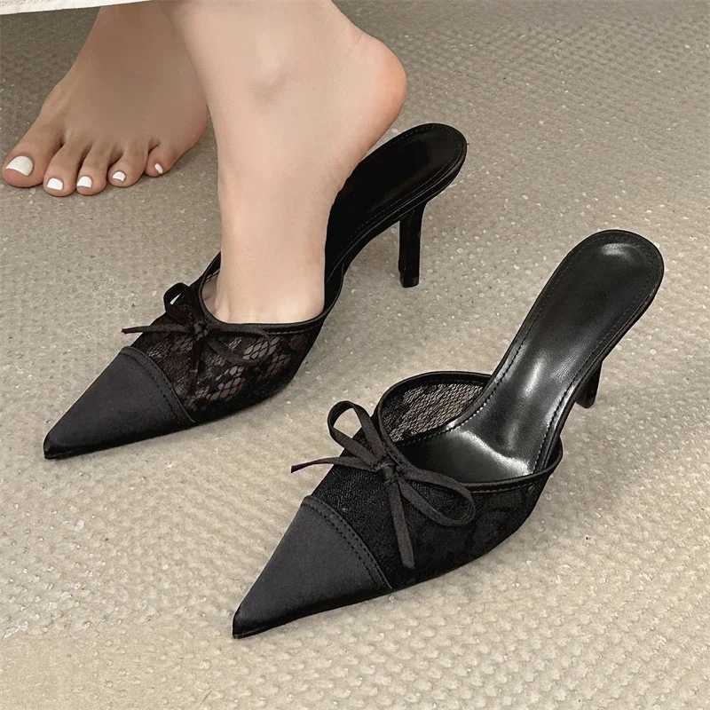 Eilyken Elegant Mesh Fabric Butterfly-knot Pointed Toe Slippers Women Sexy Thin Heels Party Prom Mule Shoes Z260330