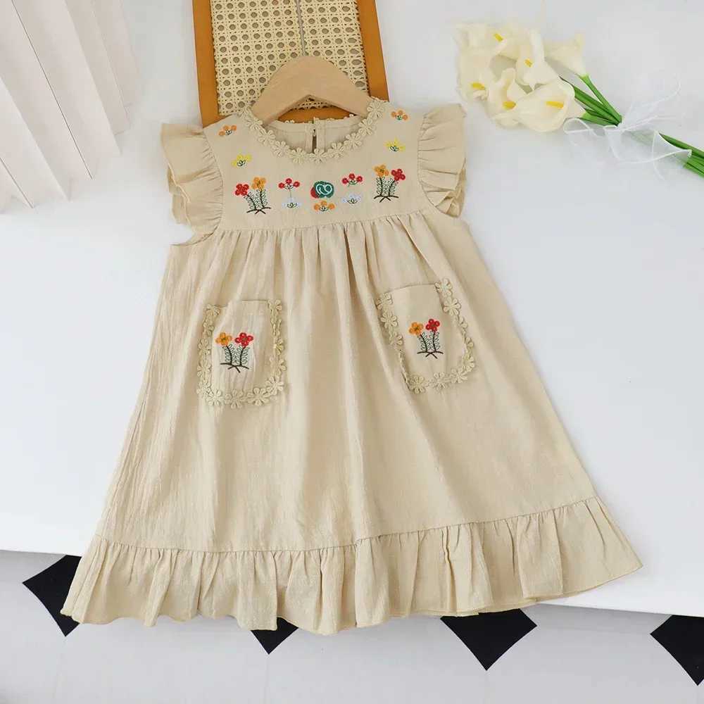 Summer Clothing Khaki Embroidered Ruffle Edge Dress Sleeveless Lace Round Neck Pocket Dress Vacation Style Girls DressT260330
