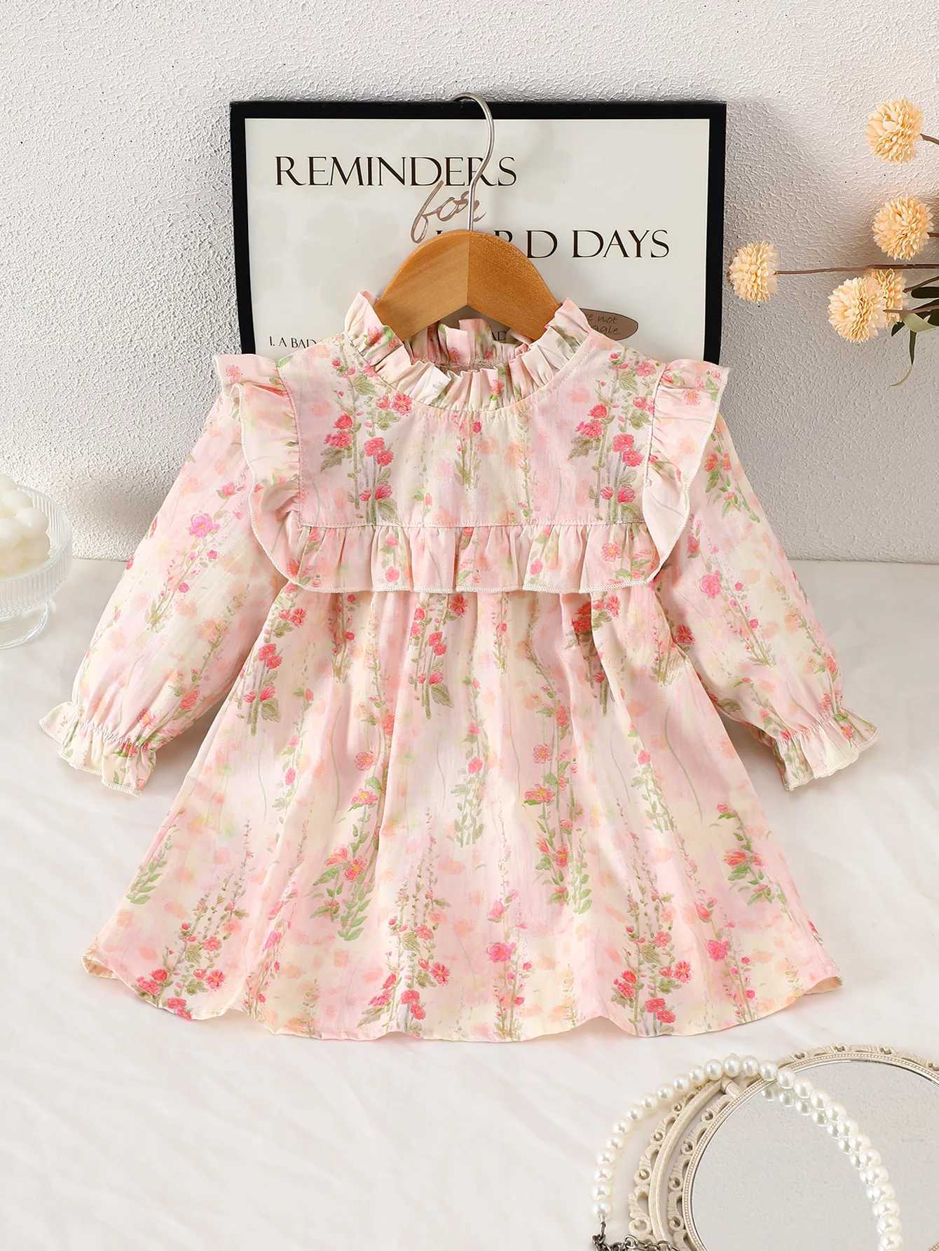 Baby Girls Pink Floral Ruffle Long-Sleeve Dress Spring and Autumn Princess Dress with Ruffled Edges Childrens Fresh Pastoral Style DressT260330