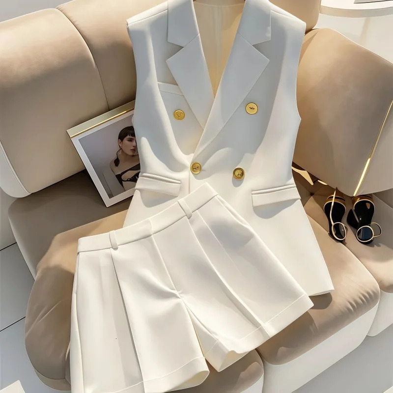 Elegant Office Lady Sleeveless Blazer and Shorts Set with Gold Button White Two Piece Suit Women Summer Business Casual Outfit 260326