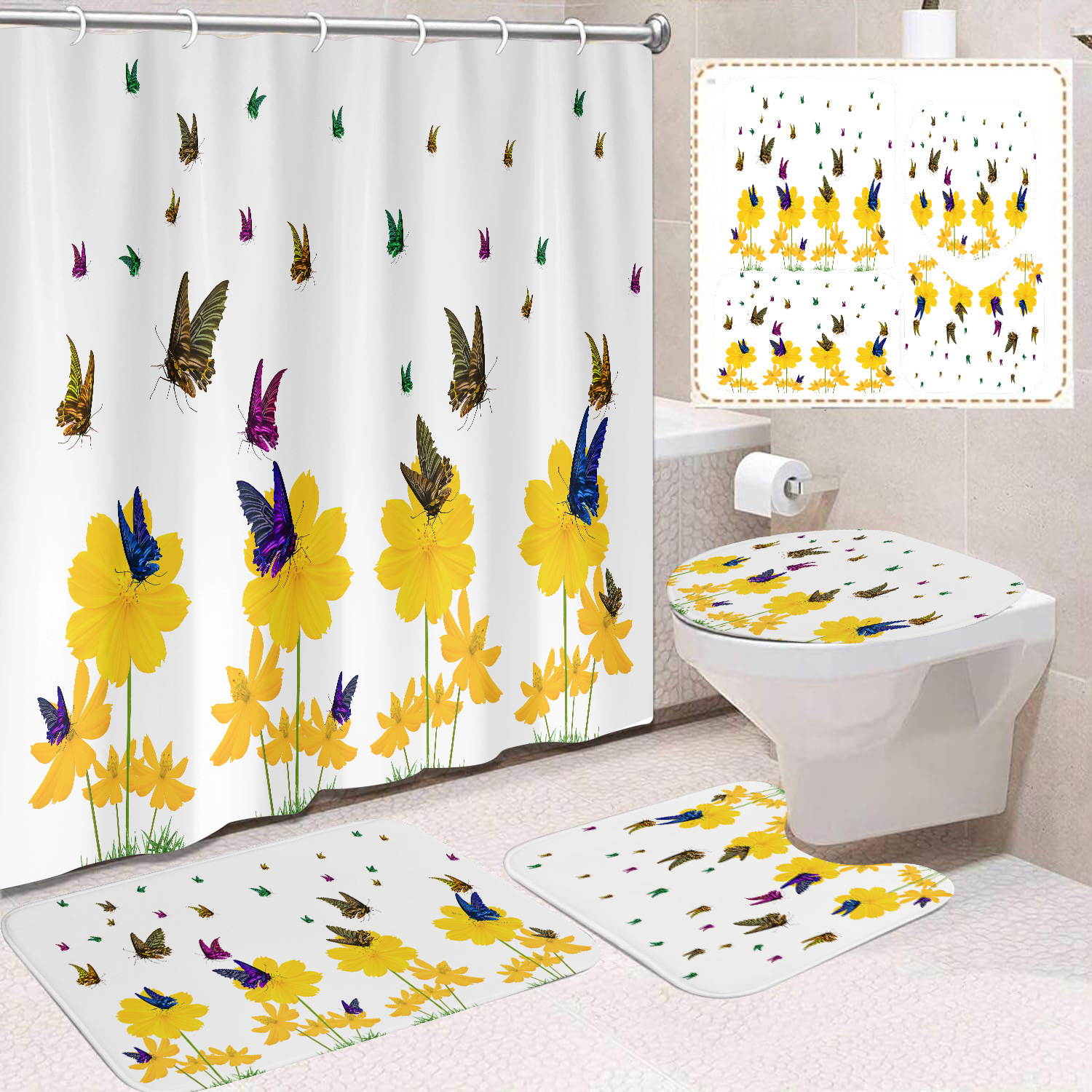 YL-38409 Floral Shower Curtain and Mat Set (4 Pieces) - Bathroom Dry and Wet Separation, Toilet Isolation Curtain, Modern Minimalist Style