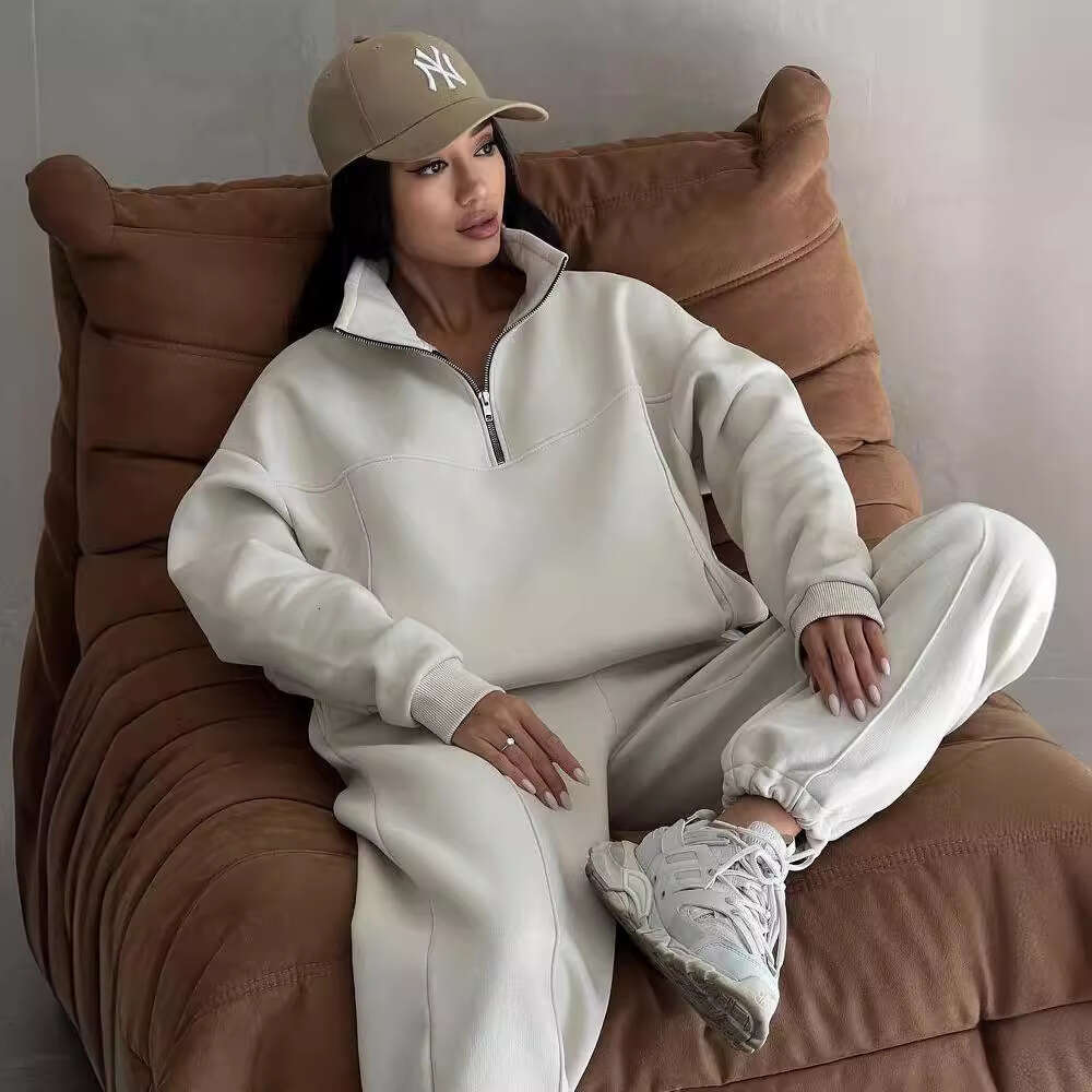 2026 New European American Style Casual Fashion Patchwork Thickened Long Sleeve Sweatshirt and Pants Set