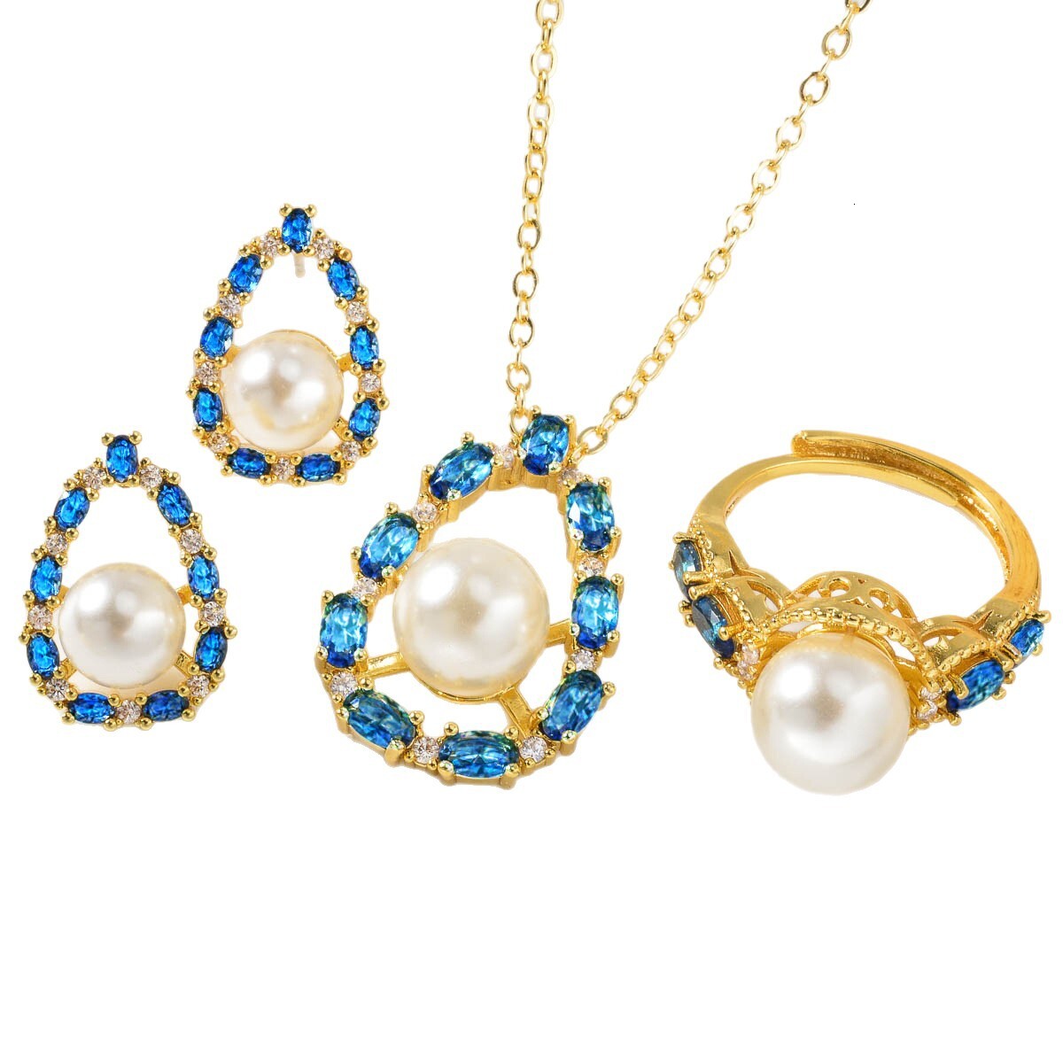 Necklace Earrings Jewelry Set Japanese Style Pearl Diamond-Studded Pendant With Butterfly And Flower Elements Necklace Earrings Ring Three-Piece Set I