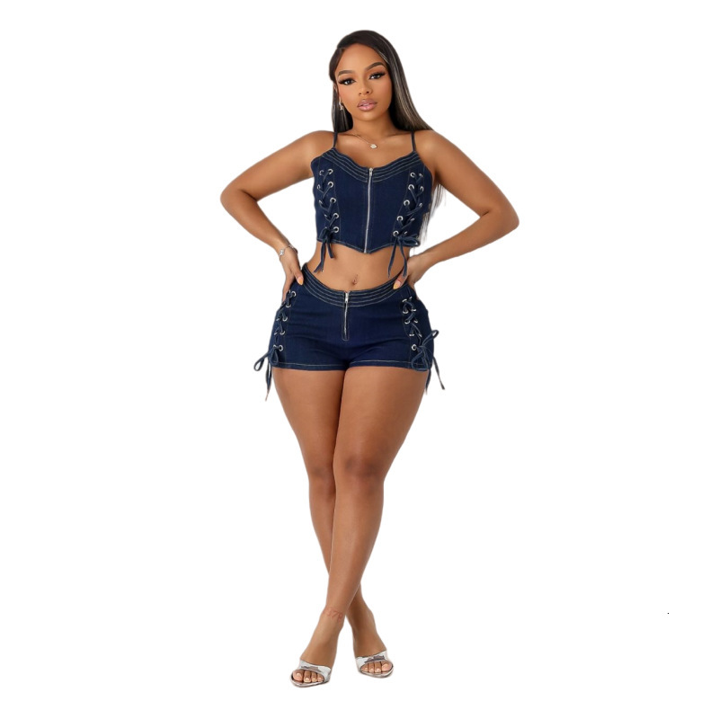 New Denim Shorts Set MZ88653 Lace-up Vest Elastic Shorts Set