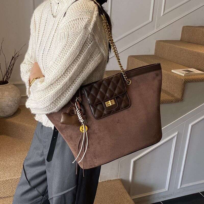 Chic Suede Tote With Chain Strap Large Crossbody Shoulder Bag For Work Weekend Black Brown Tan Khaki Liksusie