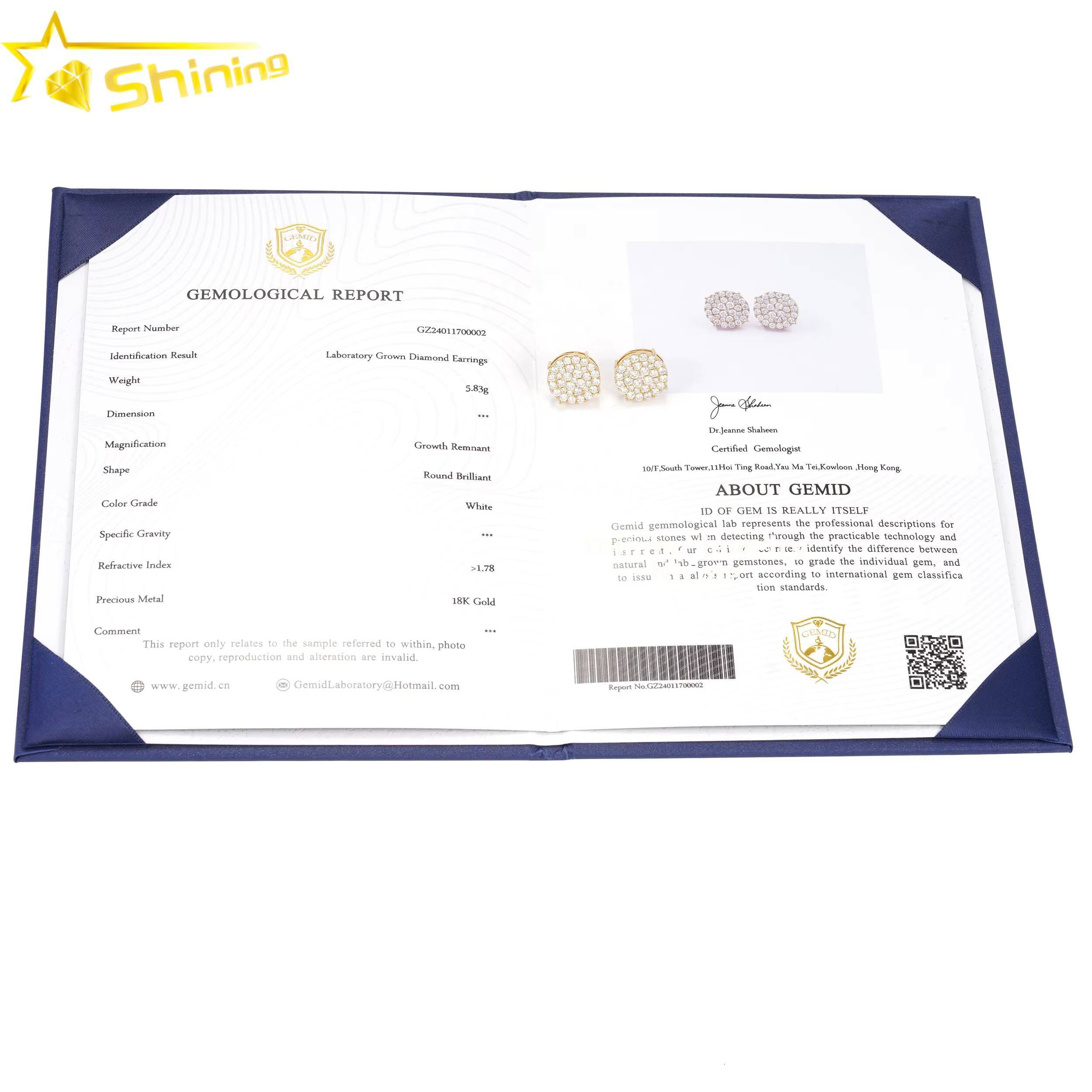Luxury Hip Hop Yellow Gold Certified Iced Out Top Quality Solid 18k Gold Lab Diamond Earrings