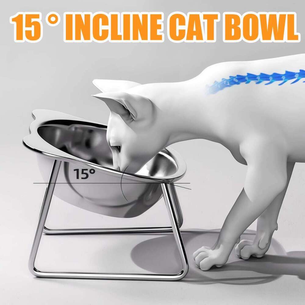 Stainless Steel Cat Bowl Raised Stand Design with Tilted Rims for Enhanced Neck Protection Durable Long-Lasting Pet Feeding Dish