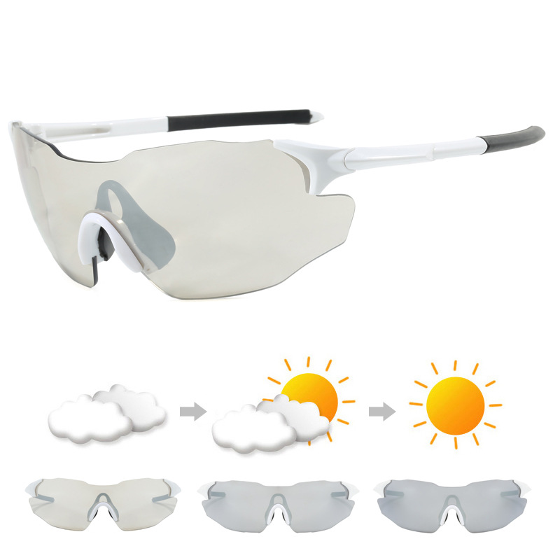 White frame photosensitive color changing cycling glasses for day and night use, outdoor cycling climbing glasses, UV resistant, men's and women&