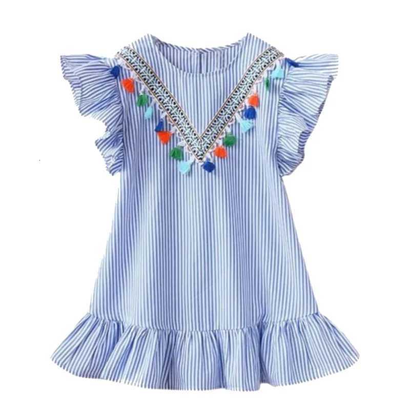 2026 Summer Girls Striped Dress Children Short Sleeves Flowers Princess Dress Baby Korean Version Beach Casual Dress 1-8YT260330