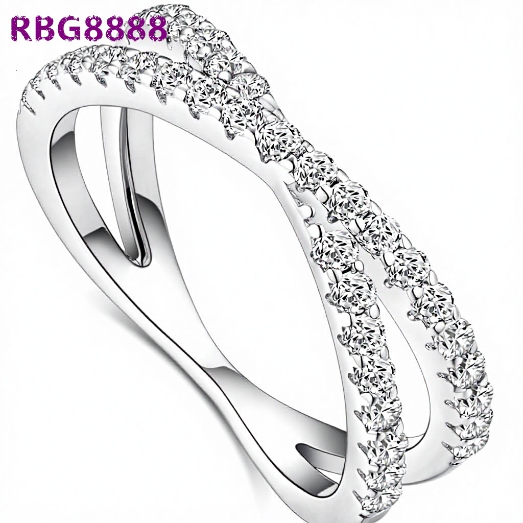 Moissanite Eternity Ring Criss Cross White Gold Plated Wedding Bands for Women-Sterling Silver Stackable Rings Size 4-11