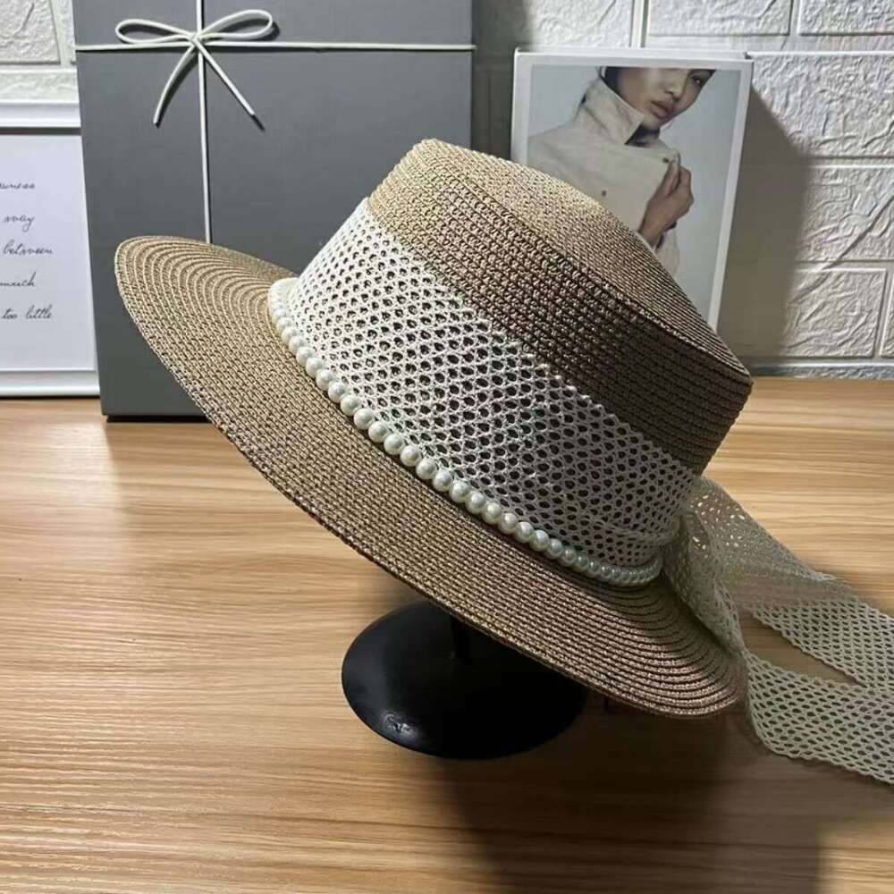 Korean-style lace ribbon pearl chain fashion flat-top hat for women, summer casual sunshade straw Design protection Dainty sun hat, trendy