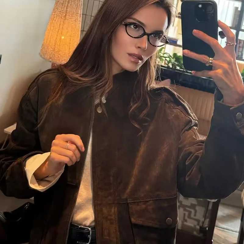 HXAO Womens Bomber Jacket Autumn 2025 Suede Crop Outerwears Khaki Darkkhaki Coats New In Coats Jackets Chic Long Sleeve TopsT260328