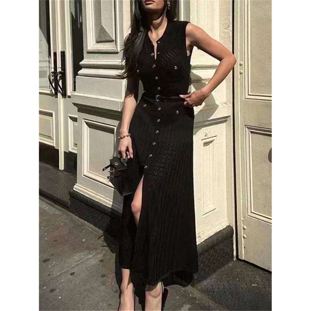 Women Single Breasted Knitted Dress Autumn Winter Slim Female Elegant A-Line O-Neck Black Sleeveless Long Robe Mdng260330