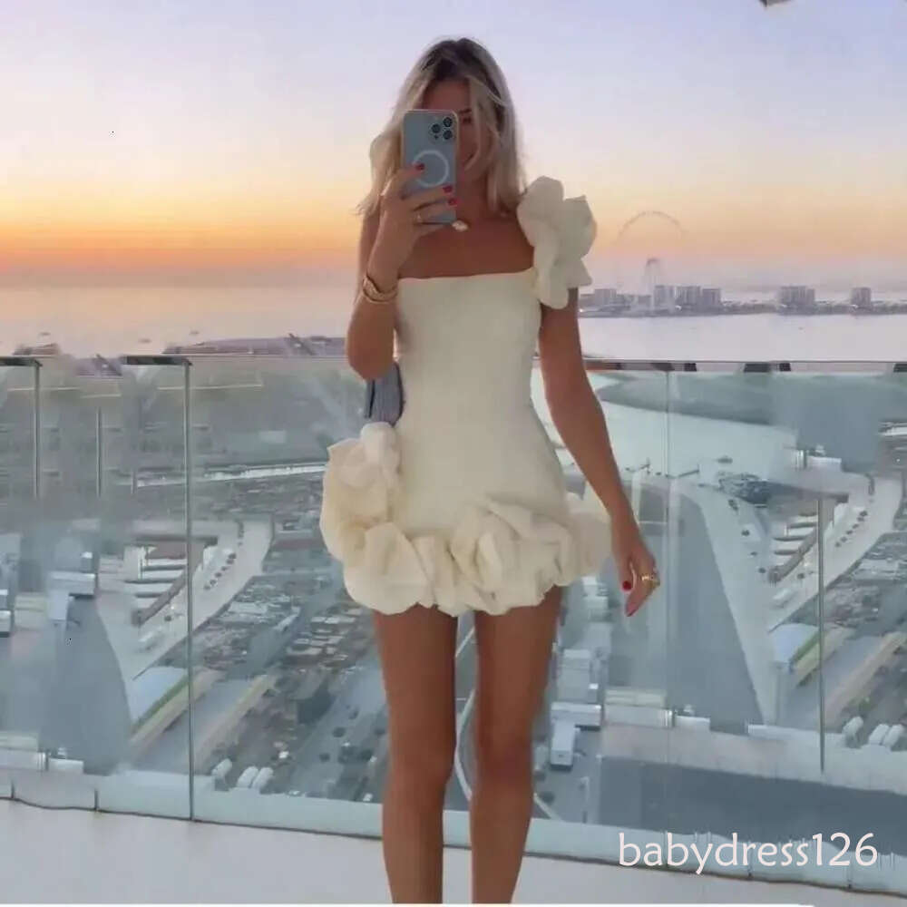 Elegant Short Strapless Crepe Evening With Hand Made Flower Sheath Sleeveless One Shoulder Mini Length Zipper Back Prom Dresses for Women ZD19