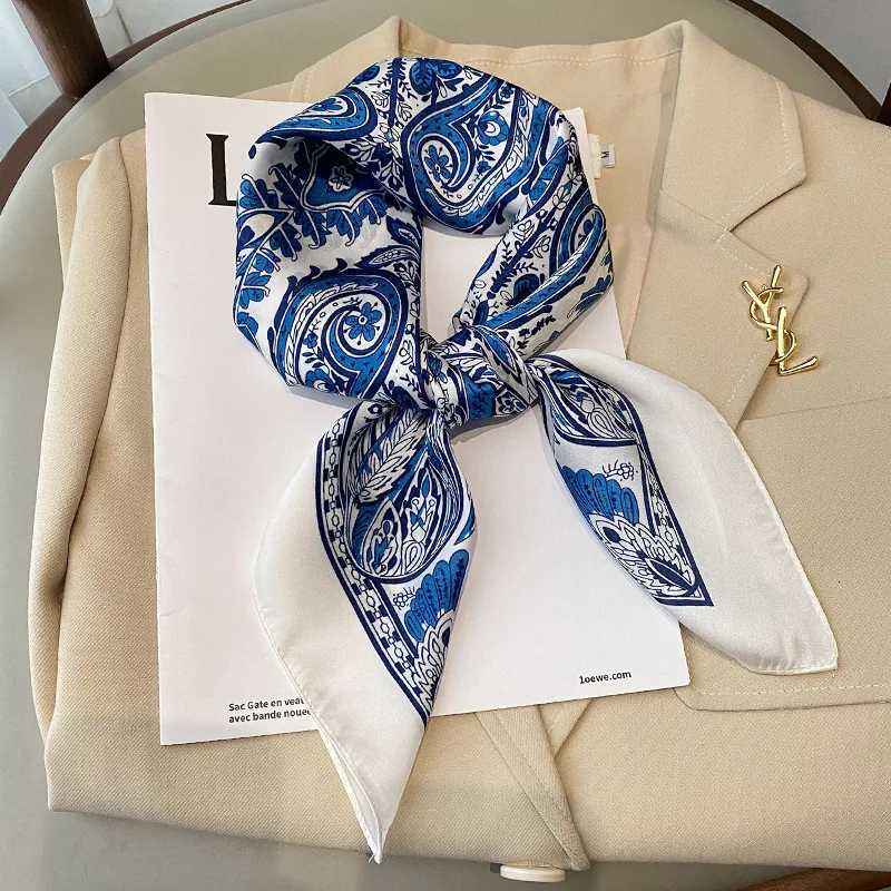 Blue Fashion Print 7070cm Silk Square Scarf Women Soft Satin Hairband Neckerchief Tie Female Headband Foulard Bag Ribbon Z260330