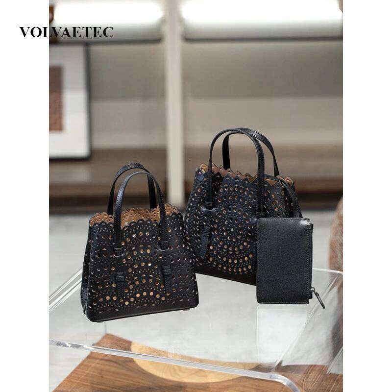 VOAETEC New Tote French Cowhide Handmade Niche Laser Flower Hollowed Real Leather Vegetable Basket Bag Retro Casual
