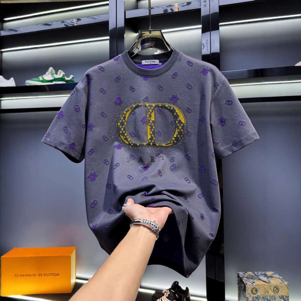 Men's American-style light luxury jacquard full-print round-neck short-sleeve T-shirt, trendy brand luxury new summer European style