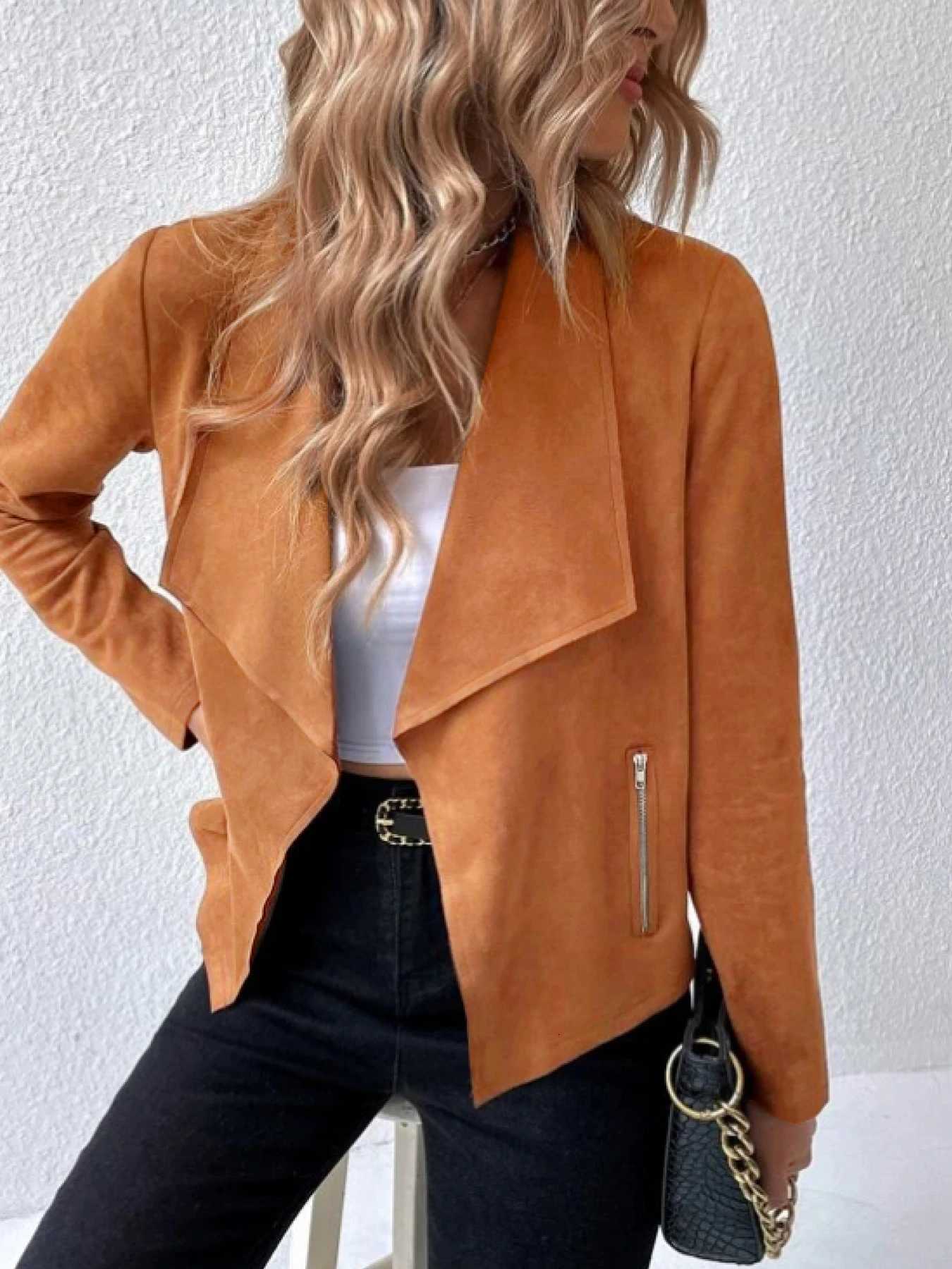 A womens caramel imitation suede lapel irregular hem short jacket light and mature commuter style thin suitT260328