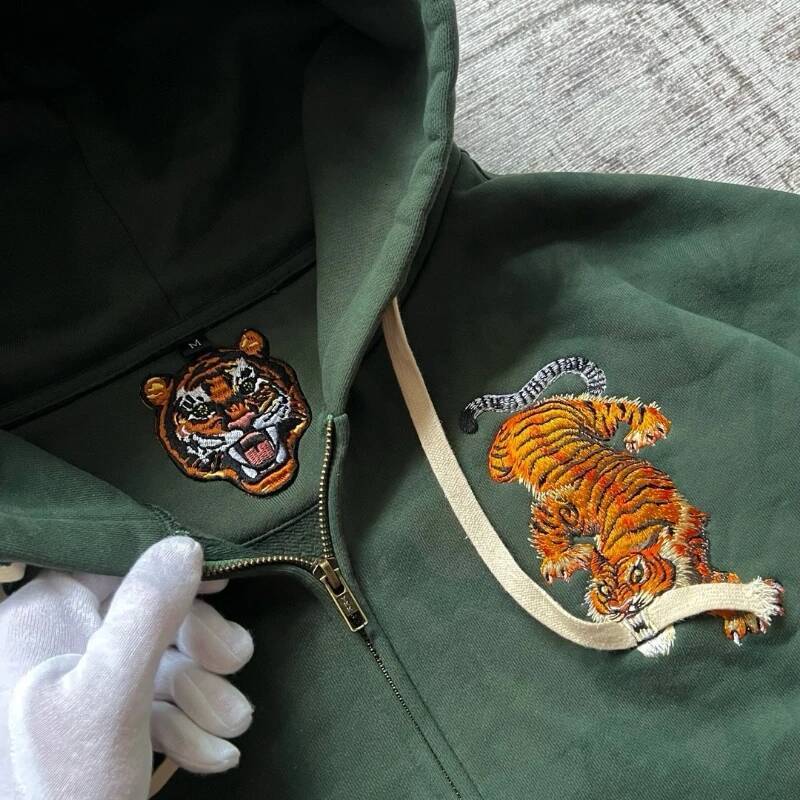 Y2K Retro Hoodie Tiger Jaw Embroidery Double Zippers Sweatshirt Men Harajuku Trendy Casual Streetwear Unisex Oversized Clothing