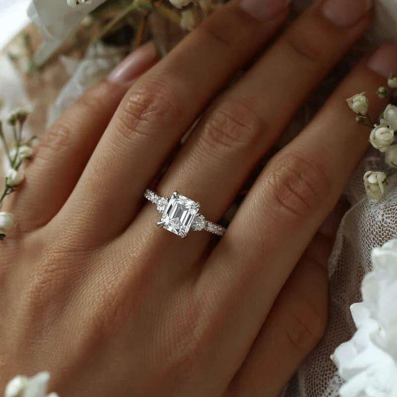 Classic Three Stone Princess Cut Ring 14k Gold Plated 5A Cubic Zirconia Engagement Ring Paved Band Wedding Promise Ring for Bridal Jewelry Gift Size 6