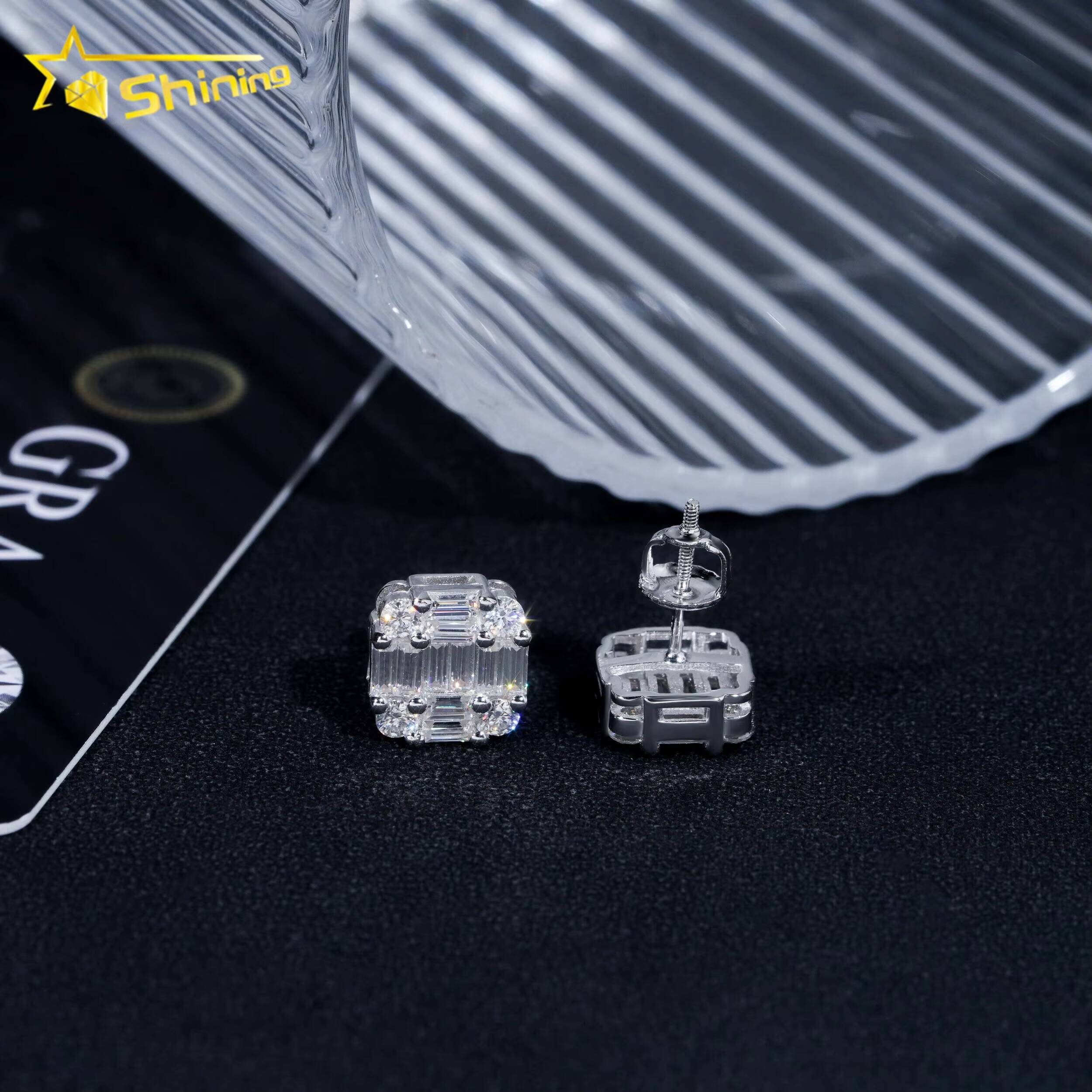 New Arrival Hip Hop Design Baguette Diamond VVS Iced Out Moissanite Stud Earrings for Men