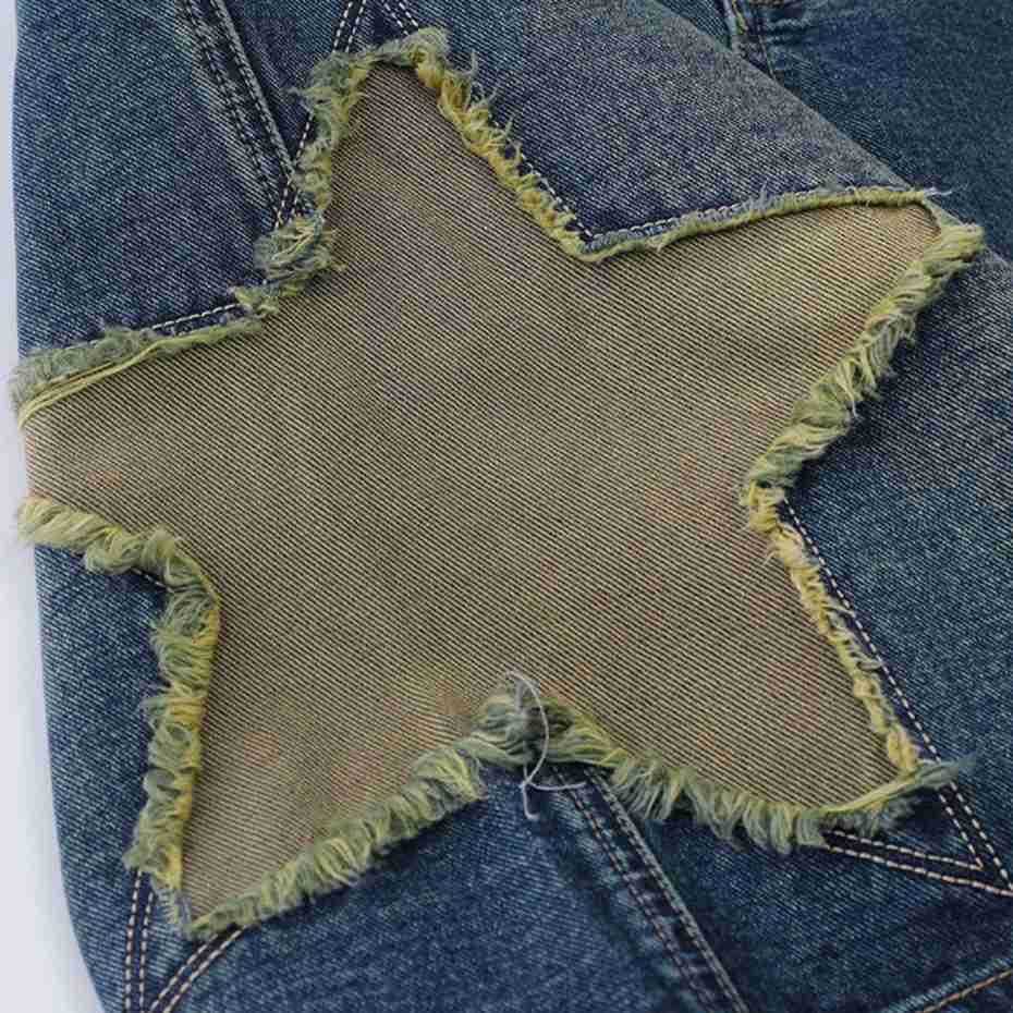 Retro Star Splicing Denim Shorts Men Summer Harajuku Streetwear Jeans Shorts Fashion Casual Loose Blue Denim Shorts Unisex H260330