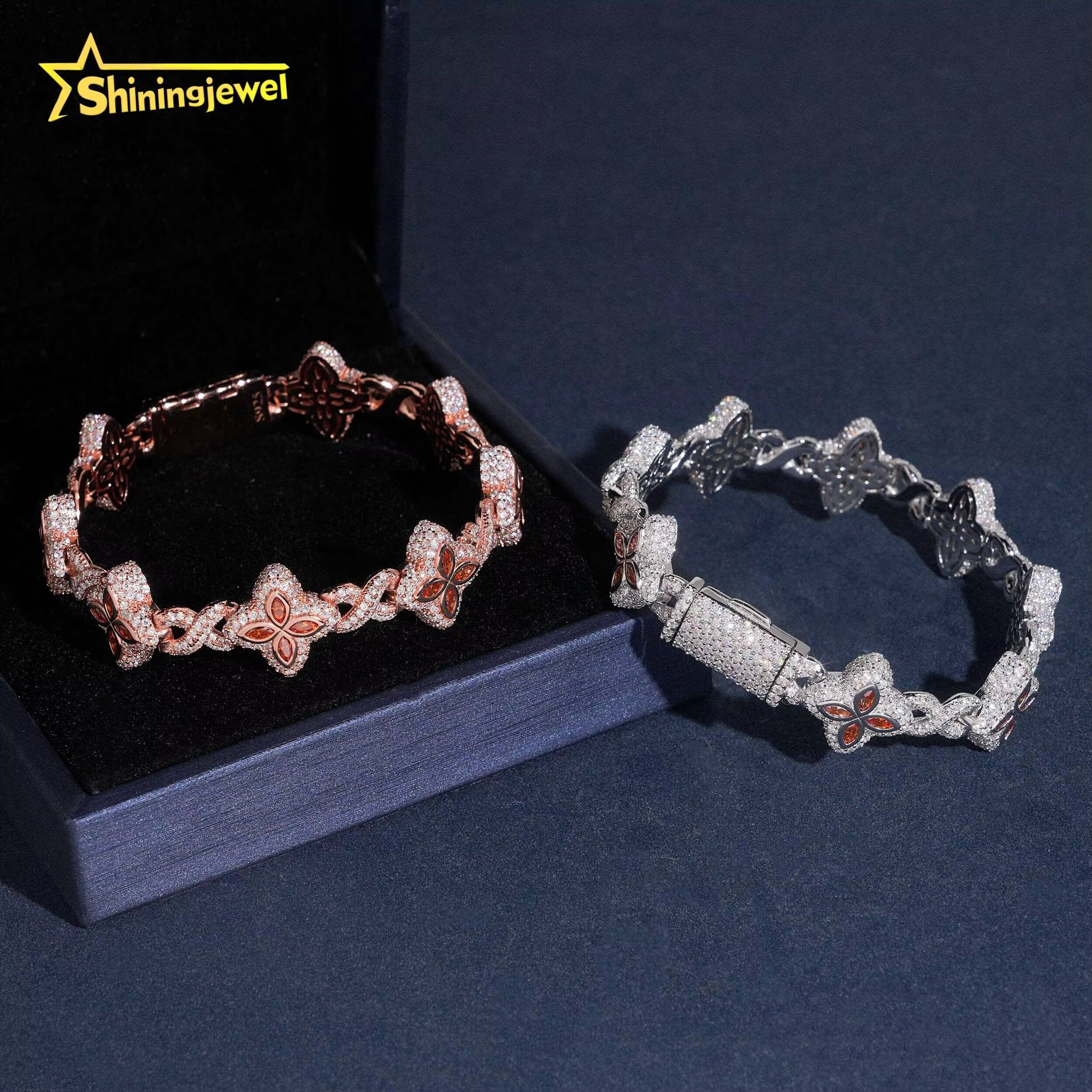 15MM 925 Silver Fanta Color Moissanite Four Leaf Clover Bracelet Hip Hop Jewelry Custom Iced Out Moissanite Cuban Bracelet