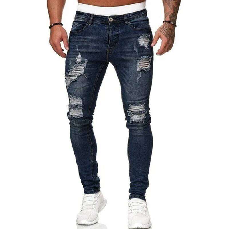 Fashion Street Style Ripped Skinny Jeans Men Vintage wash Solid Denim Trouser Mens Casual Slim fit pencil denim Pants hot sale 26Y0330