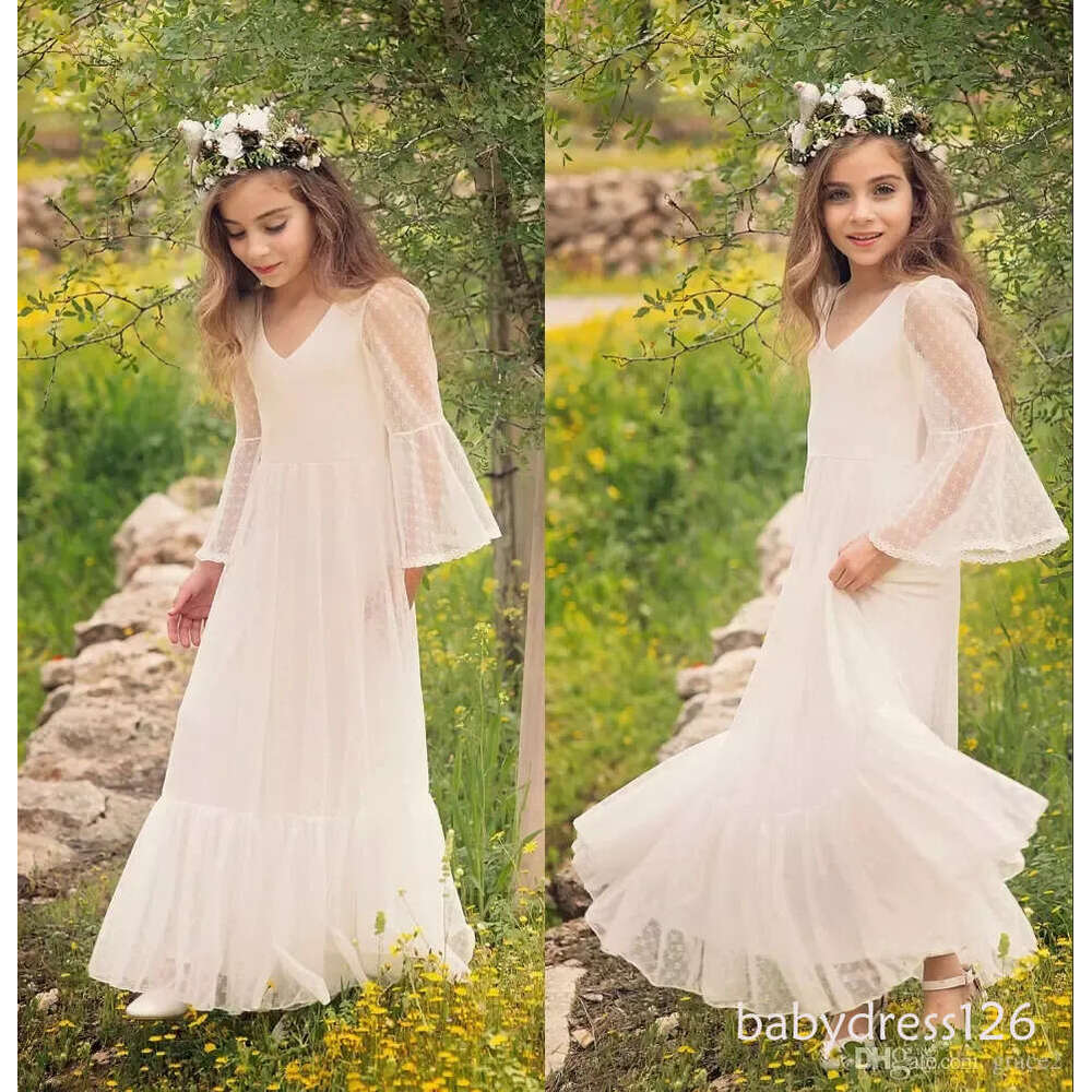 first communion dress for girls bohochic lace flower girl dresses long sleeves floor length custom made kids formal wear ZD19