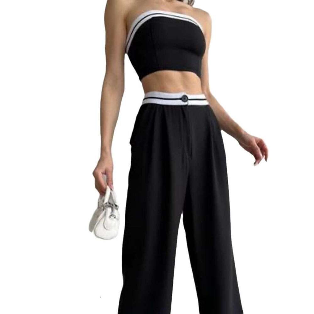 European and American Foreign Trade Women's Fashion New Hot Girl Outerwear Sports Vest Tube Top Color-Block High-Waisted Wide-Leg Pants Casual Se