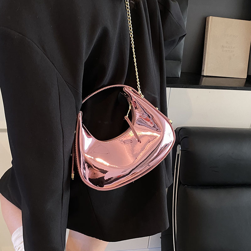 Free Shipping High Value Metallic Hobo Bag for Women Shiny Crescent Mini Handbag with Chain Strap