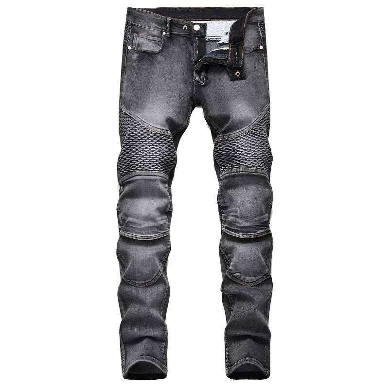 Autumn Men's Patchwork Vintage Biker Jeans Hip Hop Trousers Slim Straight Elastic Cycling Denim Pants Male Fashion Streetwear 26Y0330
