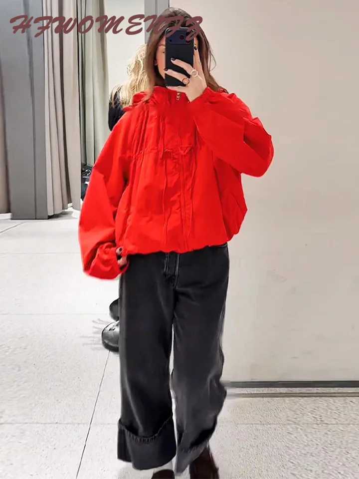 Chic Hooded Womens Jacket Zippers Full Sleeve Stand Collar Lace Up Loose Lady Coat 2026 Spring Fashion Female Street OuterwearT260328