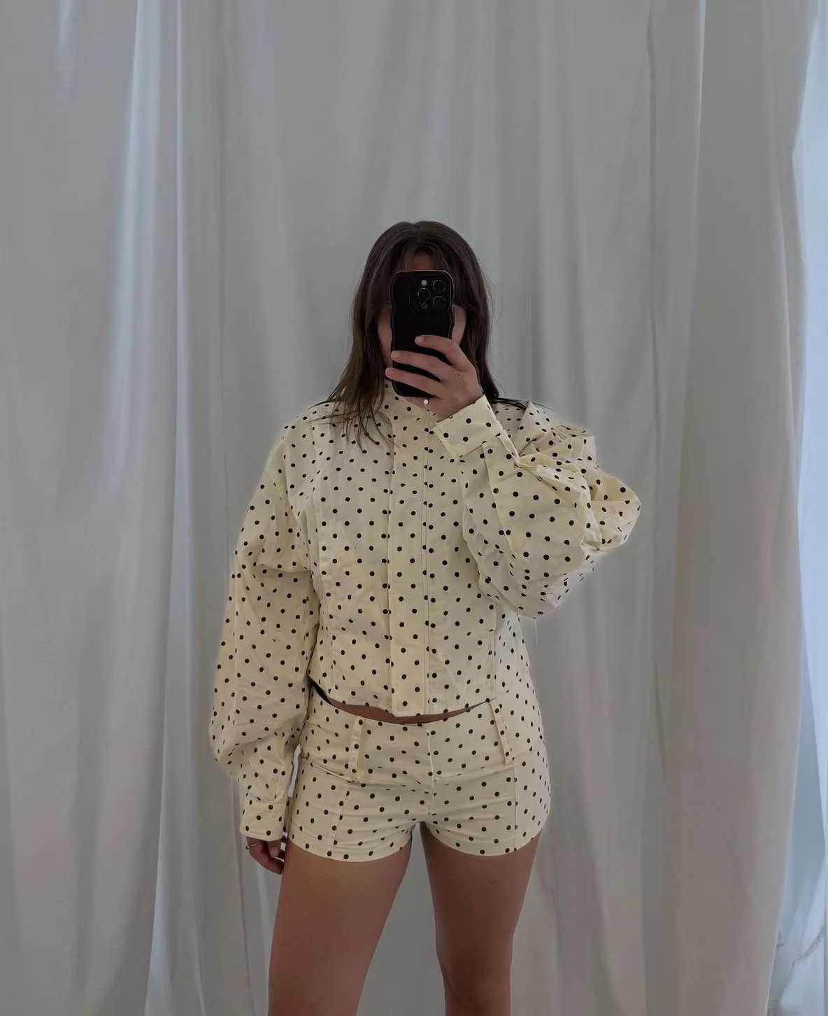 Polka Dot Print Stand Neck Short Jacket Coats Women Casual Long Sleeve Zip Jackets 2026 Spring New Elegant Ladies Outerwear TopsT260328
