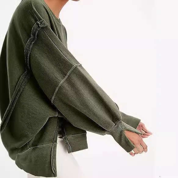 European American Clothing 2026 Fall/Winter New Women's Oversized Round Neck Sweatshirt with Side Slits and Long Sleeves
