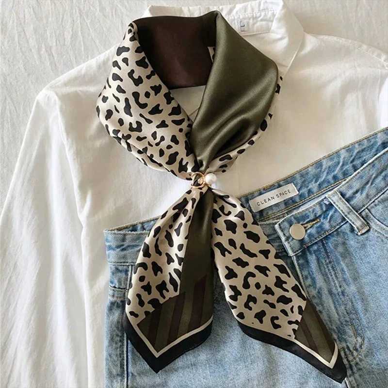 7070cm Leopard Green Brown Silk Scarf Women Simulated Silk Fresh and Elegant Versatile Headwear Clothing Bags and Square Scarf Z260330