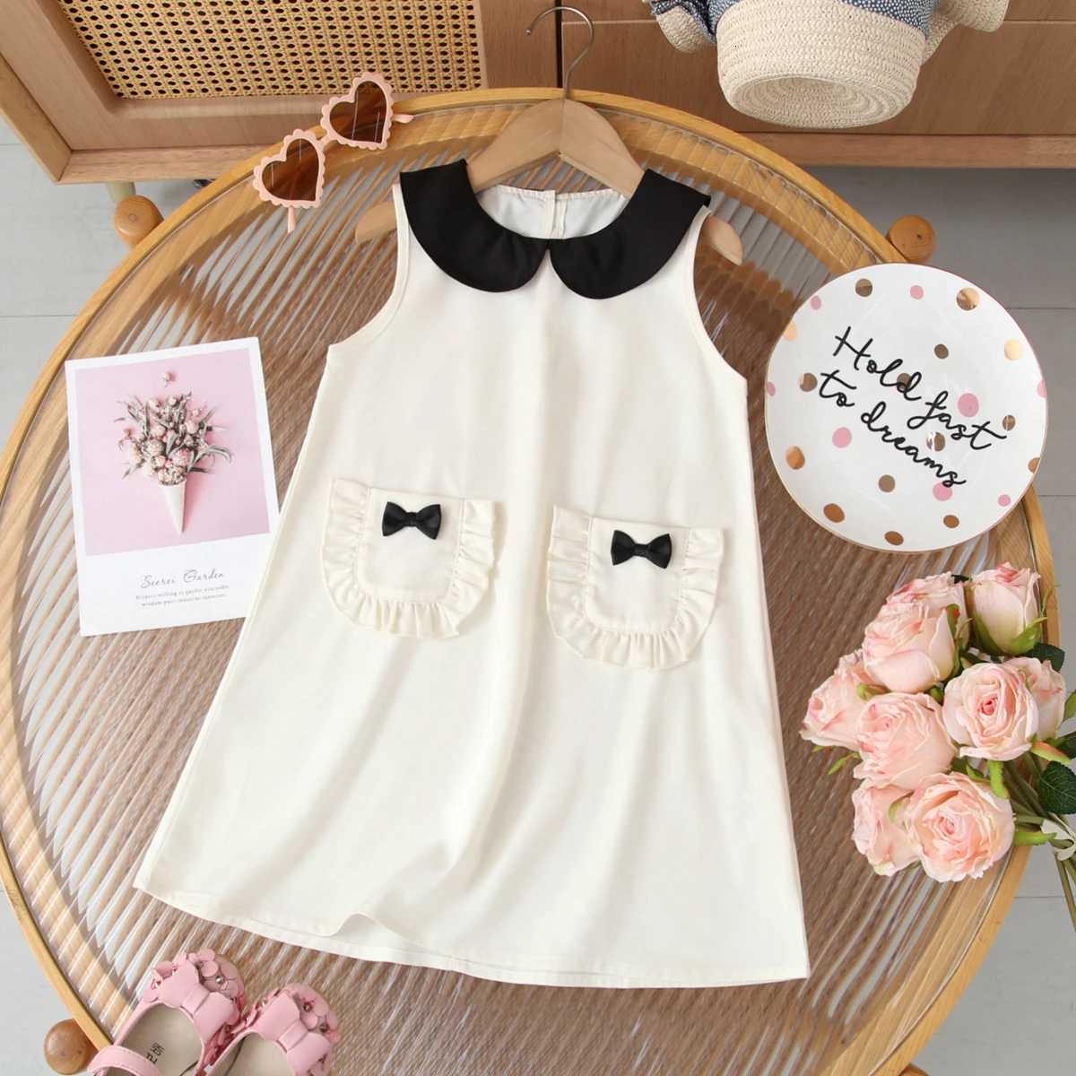 Girl Casual Dress New Fashion Doll-neckline Pocket Bowknot Sleeveless Vest Dress Cute Girls VestidosT260330
