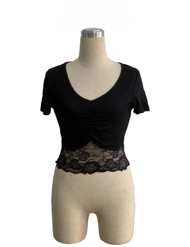 Women's T-Shirt Lace Patchwork Bandage Tops See Through O-neck Short Sleeve T-Shirts 2026 Spring Summer Fashion Lady Casual Pullover New