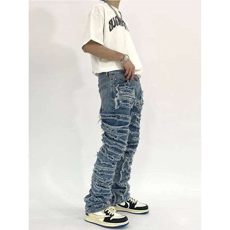 New Fashion Stretch Man Stacked Elastic Waist Straight Fit Patchworks Denim Long Pants Fringe Ripped Jeans For Men 26Y0330